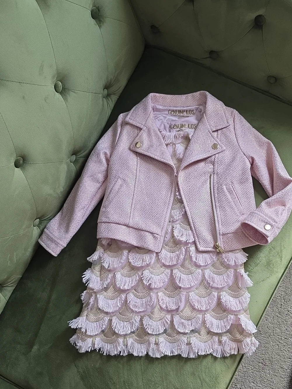 OshKosh B'gosh Light Pink And Gold Moto Jacket and Fringe Dress Set